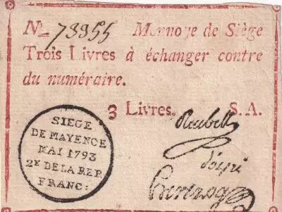 Mayence 3 livres Red, blackstamping in circle - May 1793 - Serial A