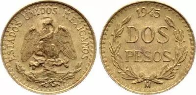 Mexico 2 Pesos National arms 1945  - Gold