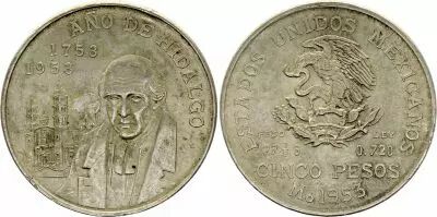 Mexico 5 Pesos,  Hidalgo, National Emblem - 1953