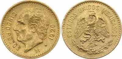 Mexico 5 Pesos M. Hidalgo y Costilla - Arms 1920 - Gold