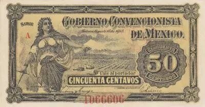 M�xico 50 Centavos - Allegorical Woman - Red Seal - 1915
