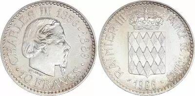 Monaco 10 Francs Charles III  - 1966 - XF - Silver