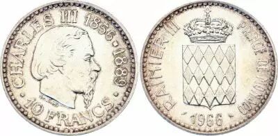 Monaco 10 Francs Charles III  - 1966 - XF - Silver