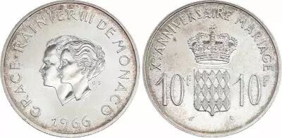 Monaco 10 Francs Rainier III Grace Kelly - Mariage - 1966 - SUP