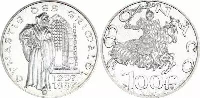 Monaco 100 Francs 700th years of the Grimaldi dynasty - 1997 - Silver