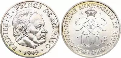 Monaco 100 Francs Rainier III - 50 years of Reign 1949-1999 - Silver