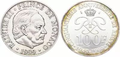 Monaco 100 Francs Rainier III - 50 years of Reign 1949-1999 - Silver