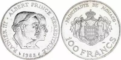 Monaco 100 Francs Rainier III and Albert - 1982 - Silver