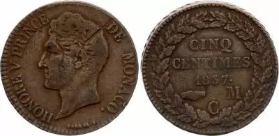 Monaco 5 Centimes Honor� V - 1837 MC - choc