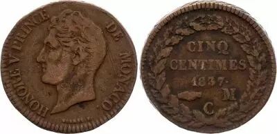Monaco 5 Centimes Honor� V - 1837 MC