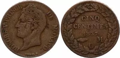 Monaco 5 Centimes Honor� V - 1837 MC