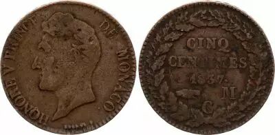 Monaco 5 Centimes Honor� V - 1837 MC