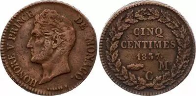 Monaco 5 Centimes Honor� V - 1837 MC