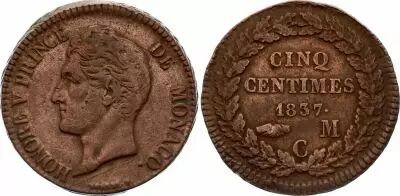 Monaco 5 Centimes Honor� V - 1837 MC