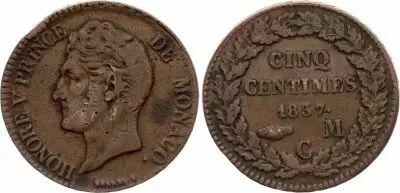 Monaco 5 Centimes Honor� V - 1837 MC