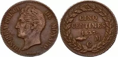 Monaco 5 Centimes Honor� V - 1837 MC