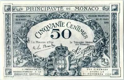 Monaco 50 centimes  - Armoiries  - 20/03/1920