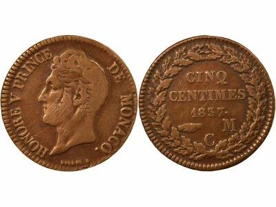 Monaco Honore V - 5 Centimes, Small Head - 1837 Mc