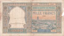 Morocco 1000 Francs - City and Minaret - 01-02-1921- Serial X.10 - VG - P.16a