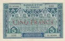 Morocco 5 Francs Blue and green - 1924 - Serial D.4068 - VF to XF - P.9