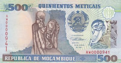 Mozambique 500 Meticais - Statue art africain - Srie AW - 1991