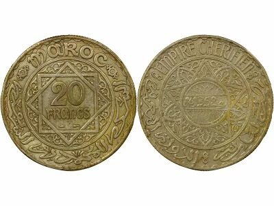 Muhammad V - 20 Silver Francs - 1352 AH /(1933 / 1934) Paris