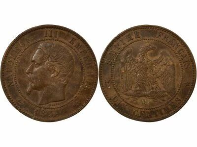 Napoleon III - 10 Cents, Bare Head - 1854 B Rouen