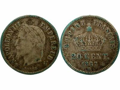 Napoleon III - 20 Silver Centimes, Laureate Head - 1867 BB Strasbourg