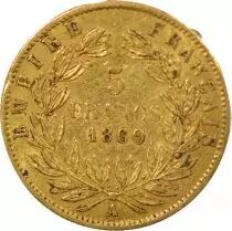 Napoleon III - 5 Gold Francs, Bare Head - 1865 A Strabourg