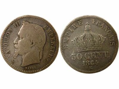 Napoleon III - 50 Silver Centimes, Laureate Head - 1864 K Bordeaux
