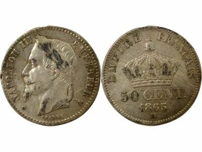 Napoleon III - 50 Silver Centimes, Laureate Head - 1865 BB Strasbourg