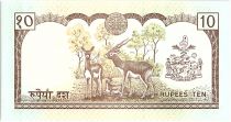 Népal 10 Rupees,  Roi Birendra Bir Bikram, temple - Antilopes - 1987 - P.31 b