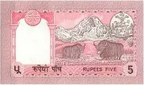 Népal 5 Rupees, Roi Birendra Bir Bikram, temple - Yaks - 1987 - P.30 a