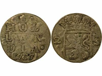 Netherlands Holland - 2 Silver Stuivers - 1757 Dordrecht