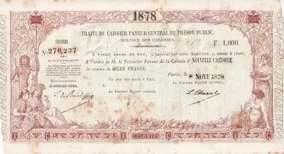 Neukaledonien 1000 Francs - French colonial note - Sign. Chazal - 08-11-1878 - VF+