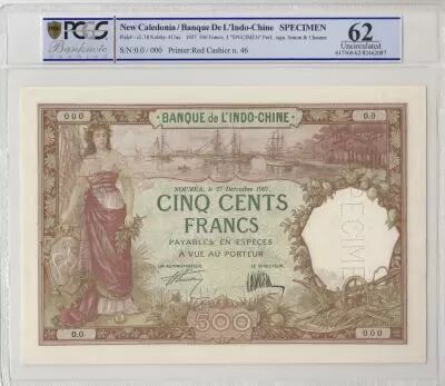 Neukaledonien 500 Francs Woman, boats 27-12-1927, Specimen - PCGS MS 62