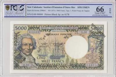 Neukaledonien 5000 Francs - Bougainville - Boat - Specimen - ND 1971) - PCGS OPQ 65 - P.65s