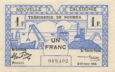 New Caledonia 1 Franc - 29-03-1943 - P.55