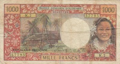 New Caledonia 1000 Francs - Tahitian - Hibiscus, landscape, deer - 1971 - Series B.2