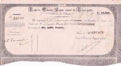 Nle Caldonie 10000 Francs - Traite du Trsor Public - 26-09-1873