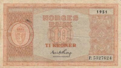 Norv�ge 10 Kroner - Armoiries couronn�es - 1951 - S�rie P