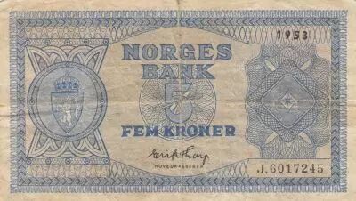 Norv�ge 5 Kroner - Armoiries - S�rie J - 1953