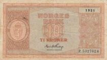 Norway 10 Kroner - Crowned Coat of Arms - 1951 - Series P