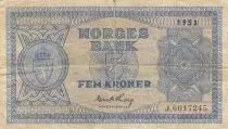 Norway 5 Kroner - Arms - Serial J - 1953