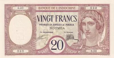 Nueva Caledonia 20 Francs - Banque de l\'Indochine - 1929 - Sp�cimen