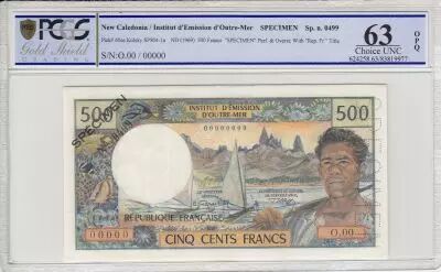 Nuova Caledonia 500 Francs Dugout Canoe  - Specimen - 1969  -  PCGS 63 OPQ