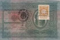 &Ouml;sterreich 100 Kronen 1912 - Overprint with black stamp and postal stamp