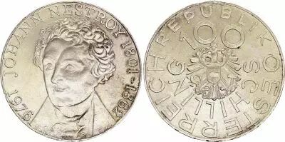 �sterreich 100 schilling, 175 e Anniversary of Johann Nestroy  - 1976