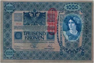 �sterreich 1000 Kronen Woman head, red ovpt Deustschosterreich - 1902 (1919)