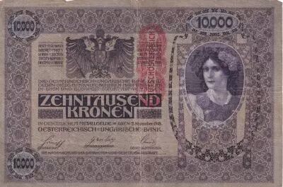 �sterreich 10000 Kronen Woman head, red ovpt Deustschosterreich - 1918